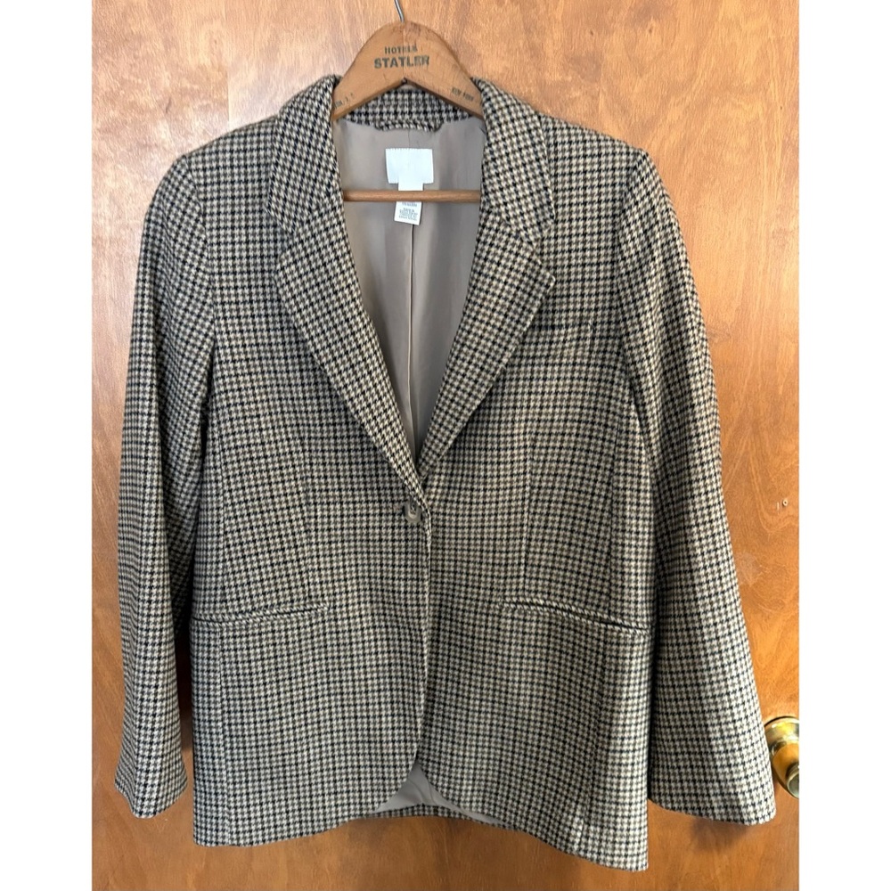 H&M Brown Tweed Wool Houndstooth Blazer Jacket Office Work Preppy Academia Y2K